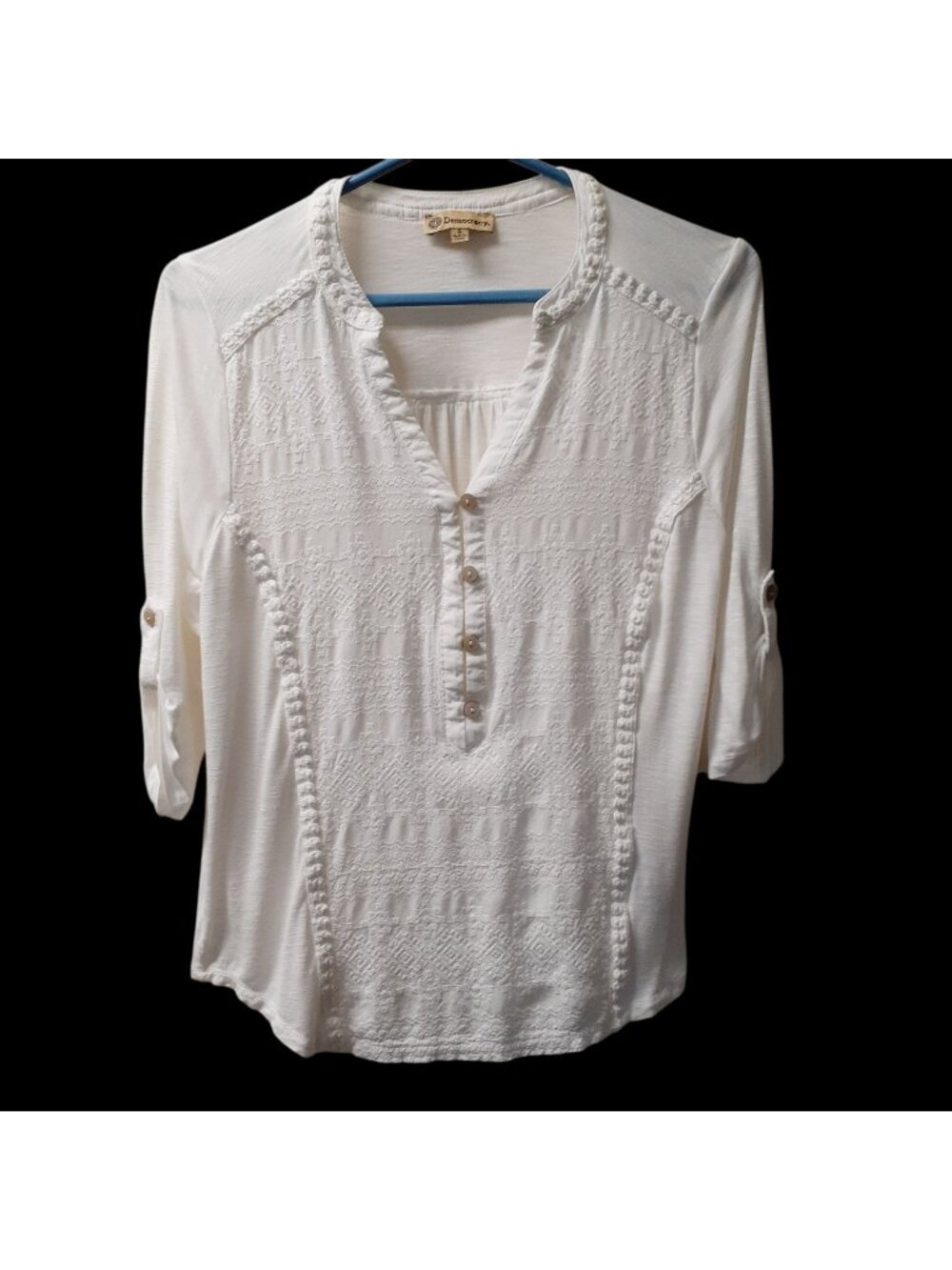 Democracy Womens Henley Top Small White Embroidered 3/4 Roll Tab Sleeve